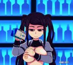  1girl alcohol animated animated_gif areolae bard-bot black_hair breast_rub breasts brown_eyes commentary_request julianne_stingray long_hair looking_at_viewer medium_breasts nipples shelf signature smile solo twintails va-11_hall-a 