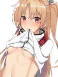 azur_lane blonde_hair blush breasts cleveland_(azur_lane) closed_mouth collared_shirt commentary_request hair_ornament hair_over_eyes long_hair looking_at_viewer medium_breasts navel red_eyes shirt shirt_in_mouth shirt_lift solo yuzuttan 