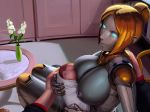  aka6 baby bangs blonde_hair blue_eyes breast_feeding breasts commentary english_commentary hair_bun large_breasts league_of_legends light_smile lips looking_at_viewer nipples no_pupils nose orianna_reveck parted_bangs pov robot robot_joints sitting smile solo_focus updo 