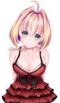  absurdres ahoge bad_source bare_shoulders blonde_hair breasts cleavage close-up closed_mouth collarbone dress eyebrows_visible_through_hair face fate/extra fate_(series) green_eyes hair_between_eyes hair_intakes highres large_breasts likunea looking_at_viewer nero_claudius_(fate) nero_claudius_(fate)_(all) parted_lips red_dress self_upload short_hair simple_background smile smiley_face solo upper_body white_background 