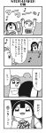  &gt;_&lt; 1boy 2girls 4koma :3 arm_up arms_up bandana bangs bkub blunt_bangs calimero_(bkub) chakapi clenched_hand clenched_hands closed_eyes comic cosplay crowd dj_copy_and_paste dj_copy_and_paste_(cosplay) glasses greyscale hair_ornament halftone highres honey_come_chatka!! monochrome multiple_girls musical_note shirt short_hair simple_background speech_bubble talking translation_request triangle_mouth two-tone_background waving 