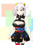  bad_id bad_pixiv_id bare_shoulders blue_eyes breasts cleavage cleavage_cutout dress eyebrows_visible_through_hair hair_ornament highres kaguya_luna kaguya_luna_(character) large_breasts looking_at_viewer medium_hair nnoelllll obi plus_sign sash short_dress silver_hair simple_background sleeveless sleeveless_dress smile solo square standing thighhighs twintails virtual_youtuber wristband 