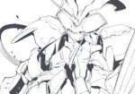  cowboy_shot darling_in_the_franxx greyscale holding holding_spear holding_weapon horn humanoid_robot koyama_shigeto lineart looking_at_viewer mecha medium_breasts monochrome no_humans open_mouth polearm simple_background solo spear strelizia weapon white_background work_in_progress 