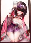  amatsubu areola_slip areolae arm_warmers black_hair breasts brown_hair cellphone cleavage cloak commentary_request covered_nipples fate_(series) female_pov gradient_hair head_tilt highres hood hood_down hooded_cloak kneeling large_breasts long_hair looking_at_viewer low_twintails mirror multicolored_hair osakabe-hime_(fate/grand_order) phone pink_cloak pov purple_eyes self_shot smartphone solo tabi thigh_gap twintails very_long_hair 