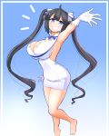  absurdres barefoot black_hair blue_background blue_eyes blue_ribbon breasts cleavage commentary dungeon_ni_deai_wo_motomeru_no_wa_machigatteiru_darou_ka feet gloves gradient gradient_background grin hestia_(danmachi) highres hips large_breasts legs long_hair looking_at_viewer raised_eyebrows rei_no_himo ribbon smile solo theycallhimcake thighs twintails very_long_hair white_background white_gloves 