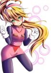  1girl bangs blonde_hair blush bodystocking bodysuit capcom ciel_(rockman) closed_mouth eyebrows_visible_through_hair gloves green_eyes hair_between_eyes headgear high_ponytail legs_apart long_hair looking_at_viewer medium_breastshead_tilt pantyhose pink_skirt ponytail rockman rockman_zero semikichi simple_background skirt smile solo white_background white_gloves 