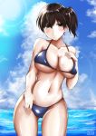  alternate_costume bangs bare_arms bare_shoulders bikini bikini_tug bird blue_bikini blue_sky blush breasts brown_eyes brown_hair cleavage closed_mouth cloud collarbone cowboy_shot dated day eyebrows_visible_through_hair hair_between_eyes hair_tie head_tilt highres kaga_(kantai_collection) kantai_collection large_breasts long_hair nakura_haru navel ocean outdoors shiny shiny_skin side_ponytail sidelocks signature skindentation sky solo stomach sunlight swimsuit 