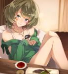  alcohol bangs bare_shoulders blue_eyes breasts brown_hair commentary_request cup eyebrows_visible_through_hair food green_eyes green_sweater heterochromia idolmaster idolmaster_cinderella_girls jewelry kawaty knees_up mole mole_under_eye necklace no_legwear off-shoulder_sweater sake short_hair sitting smile solo sweater swept_bangs table takagaki_kaede thighs 
