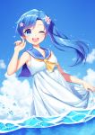  ;d blue_eyes blue_hair breasts cloud commentary day dress eyebrows_visible_through_hair flower hair_between_eyes hair_flower hair_ornament hand_up highres jenevan long_hair looking_at_viewer neckerchief ocean one_eye_closed open_mouth original outdoors ponytail sailor_collar sailor_dress skirt_hold small_breasts smile solo wading white_dress 