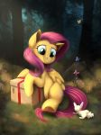  2018 absurd_res arthropod blackligerth box butterfly cute cutie_mark equine eyelashes feathered_wings feathers female feral flower fluttershy_(mlp) forest friendship_is_magic gift grass hair hi_res hooves insect lagomorph looking_down mammal my_little_pony nature nude outside pegasus pink_hair plant portrait rabbit ribbons sitting smile solo_focus teal_eyes tree wings yellow_feathers 