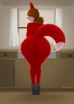  2017 anthro anus bent_over big_butt butt canine clothing curtains detailed_background female footwear fox fur hair hair_over_eyes hidden_(artist) hidden_orosubi high_heels kitchen legs_together lipstick looking_back makeup mammal mostly_nude pearl_necklace pussy red_fur shoes short_hair smile solo standing tan_hair window 