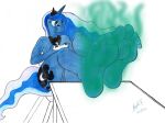  2012 anthro anthrofied barefoot blue_hair braxia_(artist) controller cutie_mark equine feet female foot_focus friendship_is_magic game_controller hair horn long_hair mammal my_little_pony nude princess_luna_(mlp) pussy smelly smelly_feet soles solo toes 