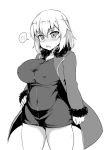  anger_vein bangs blush breasts cleavage coat commentary cosplay covered_navel cowboy_shot dress eyebrows_visible_through_hair fate/apocrypha fate_(series) frown fur-trimmed_sleeves fur_collar fur_trim girls_und_panzer greyscale hand_on_hip itsumi_erika jeanne_d'arc_(fate) jeanne_d'arc_(fate)_(all) jeanne_d'arc_(fate)_(cosplay) long_hair long_sleeves looking_at_viewer microdress monochrome open_clothes open_coat shanaharuhi solo spoken_anger_vein standing sweat sweatdrop 