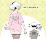  1boy 1girl ass black_legwear blindfold clenched_hands cropped_legs emil_(nier) english limited_palette looking_back nier nier_(series) nier_automata oversized_clothes oversized_shirt parted_lips shinya_komi shirt shirt_lift short_hair silver_hair smile thighhighs upper_body yorha_no._2_type_b yorha_no._9_type_s 