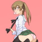  ass bangs black_legwear black_neckwear black_ribbon blouse blurry blurry_foreground blush brown_eyes brown_hair closed_mouth commentary_request condom condom_in_mouth condom_wrapper depth_of_field eyebrows_visible_through_hair from_behind girls_und_panzer glasses green_skirt hair_ribbon highres long_hair long_sleeves looking_at_viewer looking_back miniskirt mouth_hold neckerchief neckwear_grab onsen_tamago_(hs_egg) ooarai_school_uniform oono_aya panties partial_commentary pink_background pink_panties pleated_skirt ribbon round_eyewear sailor_collar school_uniform seiza serafuku simple_background sitting skirt skirt_lift smile solo thighhighs twintails underwear wariza white_blouse white_sailor_collar 