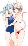  animal_ears asymmetrical_docking bell bikini blue_eyes blue_hair blue_swimsuit blush breast_press breasts cat_ears cat_tail choker cleavage collarbone eyebrows_visible_through_hair groin hair_between_eyes hair_ornament highres kanata_(chack_fastener) long_hair looking_at_viewer medium_breasts multiple_girls navel off_shoulder one-piece_swimsuit original red_bikini school_swimsuit short_hair sideboob sidelocks silver_hair simple_background small_breasts smile standing swimsuit tail twintails underboob white_background 