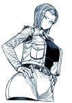  1girl android_18 breasts collarbone cowboy_shot curvy dragon_ball dragonball_z female highres hips jacket large_breasts long_sleeves monochrome open_mouth pantyhose pencil_skirt shirt short_hair skirt solo space_jin 