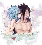  1girl black_hair blue_hair blush brown_eyes fairy_tail gajeel_redfox leaf levy_mcgarden long_hair mixed_bathing nude open_mouth rusky signature steam water 