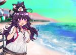  :o ahoge beach bikini black_skirt blue_sky blush breasts cat cleavage commentary day dress english_commentary eyebrows_visible_through_hair ghast_(osiimi) ghost jewelry large_breasts long_hair messy_hair necklace nyarla_(osiimi) ocean original osiimi outdoors pleated_skirt purple_hair side-tie_bikini skirt sky sparkle standing swimsuit tail_wagging white_dress wide-eyed 