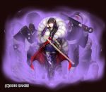  aura bangs black_hair blunt_bangs closed_mouth hand_up holding holding_sword holding_weapon japanese_clothes kageshio_(276006) kimono long_hair long_sleeves looking_at_viewer monster oni purple_kimono red_eyes scabbard sennen_sensou_aigis sheath solo standing sword watermark weapon 