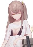  brown_hair champagne_flute cup drinking_glass flat_chest girls_frontline hair_over_shoulder half-closed_eyes long_hair looking_away maredoro one_side_up print_shirt scar scar_across_eye shirt simple_background smirk solo ump45_(girls_frontline) weibo_username white_background yellow_eyes 