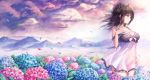  blush breasts brown_hair clouds dress flowers long_hair original petals purple_eyes sky tama_satou 