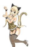  :d animal_ears animal_print bangs bare_shoulders bell bell_collar black_hairband blonde_hair breasts brown_eyes brown_legwear brown_leotard cat_ears cat_tail cleavage collar eyebrows_visible_through_hair fairy_tail fake_animal_ears floating_hair garter_straps hairband high_heels large_breasts leg_up leopard_print leotard long_hair looking_at_viewer lucy_heartfilia mashima_hiro official_art open_mouth paw_pose simple_background sketch smile solo standing standing_on_one_leg swept_bangs tail thighhighs twintails very_long_hair white_background wristband 