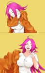  :d absurdres ahoge artificialdyslexia breasts closed_eyes commentary drake_(rapper) drakeposting english_commentary eyebrows_visible_through_hair facial_scar fate/extra fate/grand_order fate_(series) francis_drake_(fate) highres jacket large_breasts long_hair meme namesake open_mouth orange_background orange_jacket pointing_finger purple_hair scar shirt smile v-neck white_shirt 