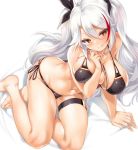  antenna_hair azur_lane bangs bare_shoulders barefoot bikini black_bikini black_ribbon blush breasts brown_eyes cleavage collarbone commentary covered_nipples eyebrows_visible_through_hair feet flag_print german_flag_bikini hair_between_eyes hair_ribbon hips kure_masahiro large_breasts legs licking_lips long_hair looking_at_viewer mole mole_on_breast multi-strapped_bikini multicolored_hair navel prinz_eugen_(azur_lane) ribbon side-tie_bikini silver_hair simple_background sitting smile solo streaked_hair swept_bangs swimsuit thigh_strap thighs tongue tongue_out two_side_up white_background 