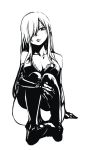  arm_support bangs boots breasts cleavage collarbone elbow_gloves erza_scarlet fairy_tail full_body gloves greyscale hair_over_one_eye head_tilt long_hair looking_at_viewer mashima_hiro medium_breasts monochrome official_art parted_lips simple_background sitting sketch solo swept_bangs thigh_boots thighhighs very_long_hair white_background 