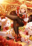  alternate_costume black_legwear blonde_hair closed_mouth cravat crossed_legs crown downscaled_revision fate/extra fate/grand_order fate_(series) flower gloves green_eyes hair_intakes highres junpaku_karen looking_at_viewer md5_mismatch mini_crown nero_claudius_(fate) nero_claudius_(fate)_(all) pantyhose petals pink_flower pink_rose red_flower red_footwear red_rose rose shoes short_hair sitting skirt smile solo tassel throne white_gloves white_skirt 