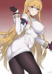  armband ass azur_lane bangs black_gloves black_legwear blonde_hair blue_eyes breasts closed_mouth commentary_request covered_nipples detached_sleeves eyebrows_visible_through_hair from_side gloves gradient gradient_background hairband highres holding impossible_clothes large_breasts lips long_hair long_sleeves looking_at_viewer military military_uniform miniskirt north_carolina_(azur_lane) pantyhose pencil_skirt signature simple_background skirt smile uniform zui_ai_shuang_mawei 