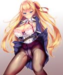  azur_lane bangs belt black_legwear blonde_hair blue_eyes blush bra breasts cameltoe cleavage clothes_lift commentary_request crotch_seam frilled_bra frills fukuda_shuushi garter_straps highres jacket large_breasts lifted_by_self long_hair looking_at_viewer navel panties pantyhose pink_bra skirt skirt_lift smile solo sussex_(azur_lane) underwear uniform 