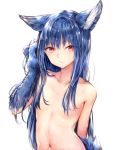  animal_ears arm_at_side bangs blue_hair breasts claws closed_mouth eyebrows_visible_through_hair fenrir_(shingeki_no_bahamut) granblue_fantasy grey_hair hair_between_eyes hair_censor hair_over_breasts hand_up highres long_hair looking_at_viewer navel nude paws pink_eyes shingeki_no_bahamut sidelocks simple_background slit_pupils small_breasts solo sukemyon very_long_hair white_background 