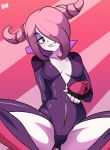  bad_id bad_tumblr_id bigdead93 breasts breasts_apart collarbone cosplay cowboy_shot drill_hair fingerless_gloves gloves hair_over_one_eye half-closed_eyes han_juri han_juri_(cosplay) highres little_witch_academia medium_breasts pale_skin pink_hair red_eyes red_gloves sharp_teeth sideboob solo squatting street_fighter street_fighter_v sucy_manbavaran teeth toon twin_drills zipper zipper_pull_tab 