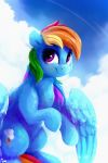  2018 absurd_res blue_feathers cloud cute cutie_mark equine eyebrows eyelashes feathered_wings feathers female feral friendship_is_magic hair hi_res hooves mammal multicolored_hair my_little_pony outside pegasus portrait purple_eyes rainbow_dash_(mlp) rainbow_hair sitting sky smile solo thefloatingtree wings 