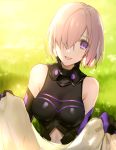  :d backlighting bangs bare_shoulders black_gloves black_leotard breasts breasts_apart chiicoo day elbow_gloves fate/grand_order fate_(series) foreshortening gloves grass hair_over_one_eye halterneck happy holding impossible_clothes impossible_leotard lavender_hair leotard looking_at_viewer mash_kyrielight medium_breasts midriff multicolored multicolored_clothes navel navel_cutout open_mouth outdoors purple_eyes purple_gloves short_hair skin_tight slender_waist smile solo stomach turtleneck upper_body 