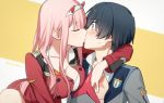  1girl black_hair blue_eyes blush breasts cleavage closed_eyes commentary_request couple darling_in_the_franxx eyebrows_visible_through_hair face-to-face hair_ornament hairband hand_on_another's_chest hetero hiro_(darling_in_the_franxx) horns kiss long_hair looking_at_another military military_uniform necktie no_legwear oni_horns open_clothes orange_neckwear pink_hair red_horns red_neckwear sweatdrop toma_(norishio) uniform white_hairband zero_two_(darling_in_the_franxx) 