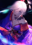  black_legwear blue_eyes blue_kimono breasts chiicoo choker earrings fate/grand_order fate_(series) hair_between_eyes hair_ornament hair_over_one_eye highres holding holding_sword holding_weapon japanese_clothes jewelry katana kimono looking_at_viewer magatama_necklace medium_breasts miyamoto_musashi_(fate/grand_order) open_mouth short_hair silver_hair solo sword thighhighs weapon 