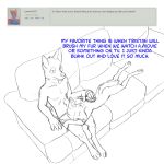  2018 anthro brush butt canine cub digital_media_(artwork) duo english_text female fur lying male mammal misterpickleman nude question simple_background sleeping sofa taylor_knight text tristan_knight wolf young 