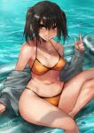  alternate_costume bikini breasts brown_eyes cowboy_shot grey_jacket highres inflatable_raft jacket kantai_collection looking_at_viewer medium_breasts navel open_clothes open_jacket sendai_(kantai_collection) short_hair solo swimsuit toka_(marchlizard) two_side_up water wet yellow_bikini 