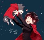  1boy 1girl black_dress black_hair breasts cape cloak corset dog dress frilled_dress frills hood hooded_cloak medium_breasts red_cape red_hair ruby_rose rwby short_hair silver_eyes smile zwei_(rwby) 