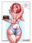  2016 anthro blue_eyes butt cake clothed clothing eating english_text female food fran_cervic&eacute; fur hair keiron_white lagomorph looking_back mammal pink_fur pink_hair plate rabbit solo speech_bubble text underwear 