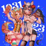  animal_ears armpits bare_shoulders belt belt_collar black_shorts blue_background bow bowtie chino_machiko claw_pose corset fangs fennery_(show_by_rock!!) garter_straps gloves green_eyes hand_up heterochromia legband looking_at_viewer multiple_girls navel open_mouth orange_eyes orange_hair paw_gloves paws purple_eyes purple_hair short_hair short_shorts shorts show_by_rock!! sparkle standing striped striped_legwear tail thighhighs topknot twitter_username wings zebrina_(show_by_rock!!) 