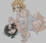  artist_name between_legs black_hair blonde_hair breasts cleavage cropped_legs hickey kohinata_miku lying medium_breasts multiple_girls on_back scar senki_zesshou_symphogear short_hair signature sketch small_breasts stc tachibana_hibiki_(symphogear) white_background yuri 