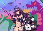  ahoge armor bat bikini_armor blush breasts cat closed_mouth commentary dragon english_commentary ghast_(osiimi) ghost holding holding_sword holding_weapon huge_breasts long_hair looking_at_viewer messy_hair navel nyarla_(osiimi) original osiimi palm_tree purple_eyes purple_hair standing sword tree two-handed weapon 