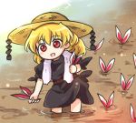  :d animal_ears black_dress blonde_hair blush_stickers dress hat junko_(touhou) lowres open_mouth pote_(ptkan) puffy_short_sleeves puffy_sleeves red_eyes rice_paddy short_sleeves smile solo sun_hat touhou towel towel_around_neck wading 