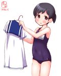  artist_logo black_hair blue_swimsuit brown_eyes clothes_hanger clothes_removed commentary_request cowboy_shot dated dress dress_removed hiburi_(kantai_collection) highres holding_clothes kanon_(kurogane_knights) kantai_collection one-piece_swimsuit ponytail sailor_dress school_swimsuit short_hair short_ponytail short_sleeves simple_background solo swimsuit white_background white_dress 