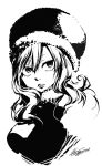  bangs fairy_tail fur_trim greyscale hair_between_eyes hat juvia_lockser long_hair looking_at_viewer mashima_hiro monochrome official_art parted_lips signature sketch solo upper_body winter_clothes 