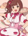  :d apron bow bowl brown_eyes brown_hair collar collared_dress commentary costume_request dress eyebrows_visible_through_hair food frilled_apron frilled_collar frilled_neckwear frills gomi_(kaiwaresan44) hair_bow hair_ribbon hand_on_hip idolmaster idolmaster_cinderella_girls idolmaster_cinderella_girls_starlight_stage igarashi_kyouko large_bow maid_apron necktie open_mouth pink_apron pink_bow pink_dress pink_neckwear polka_dot polka_dot_dress puffy_sleeves red_bow ribbon short_dress side_ponytail smile solo soup standing upper_body wristband 